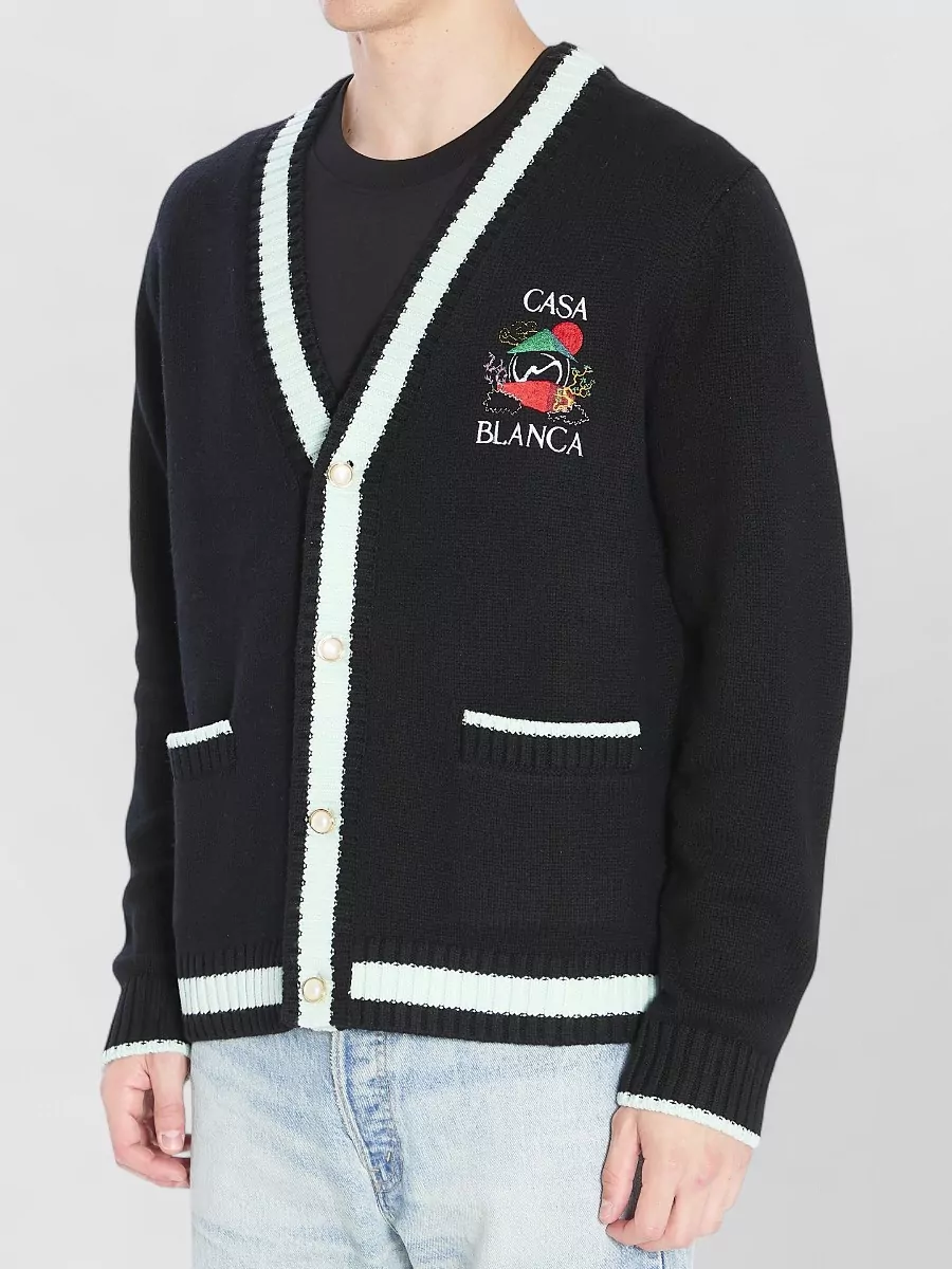 Casablanca Wool Cashmere V-Neck Ribbed Cardigan