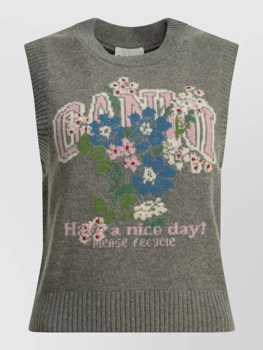 Ganni Wool Floral-Print Ribbed Crewneck Vest