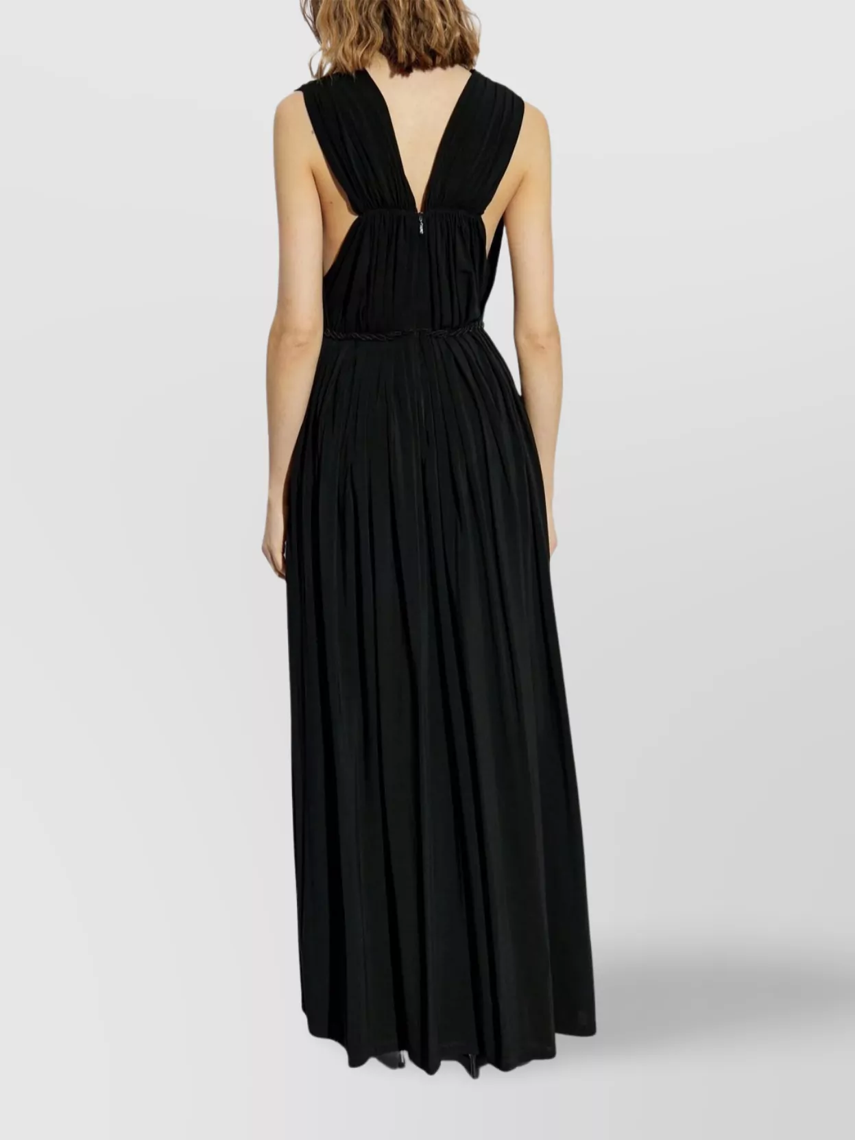Max Mara Long Dress With Ruched Sleeves And V-Neck