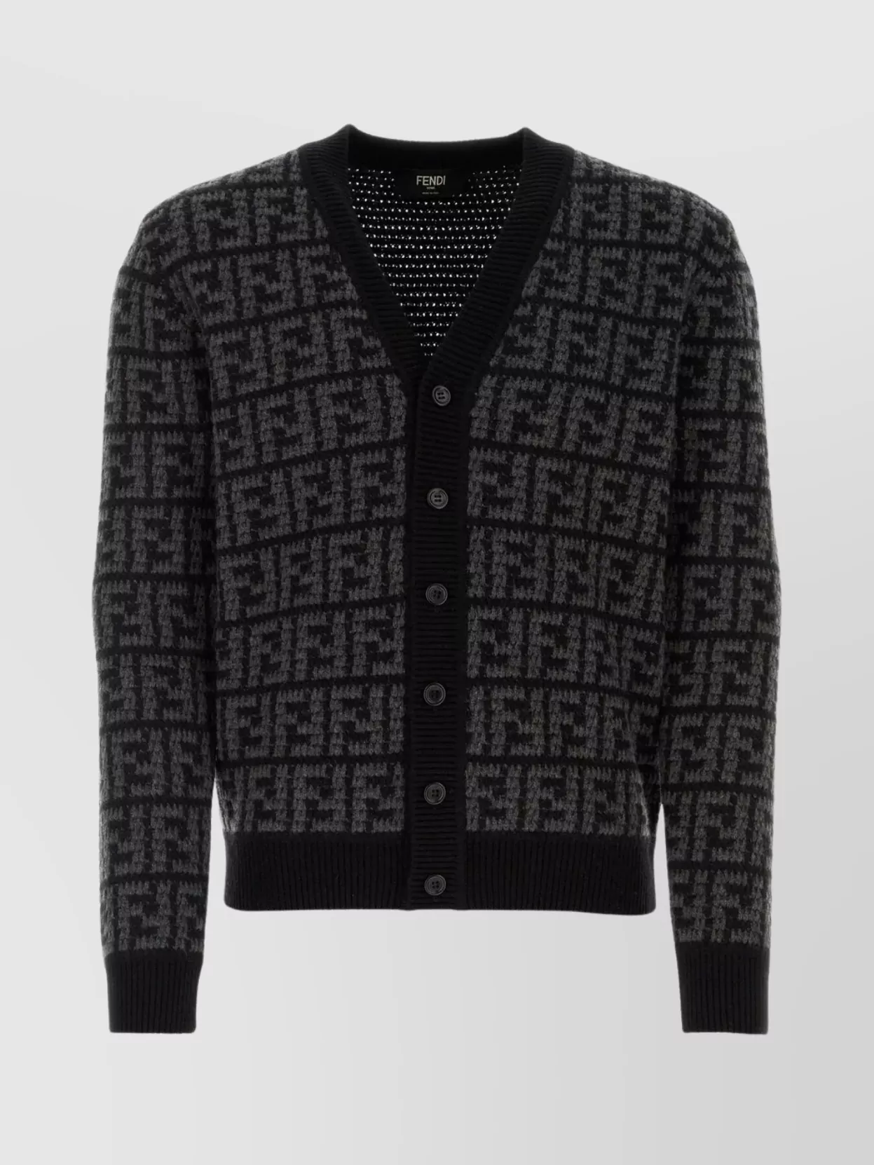 Shop Fendi Ribbed Cashmere Cardigan With Houndstooth Pattern And V-neckline In Black