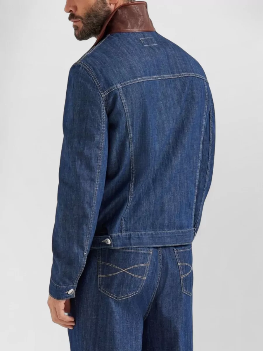 Brunello Cucinelli Cotton Jacket With Leather Collar And Pockets