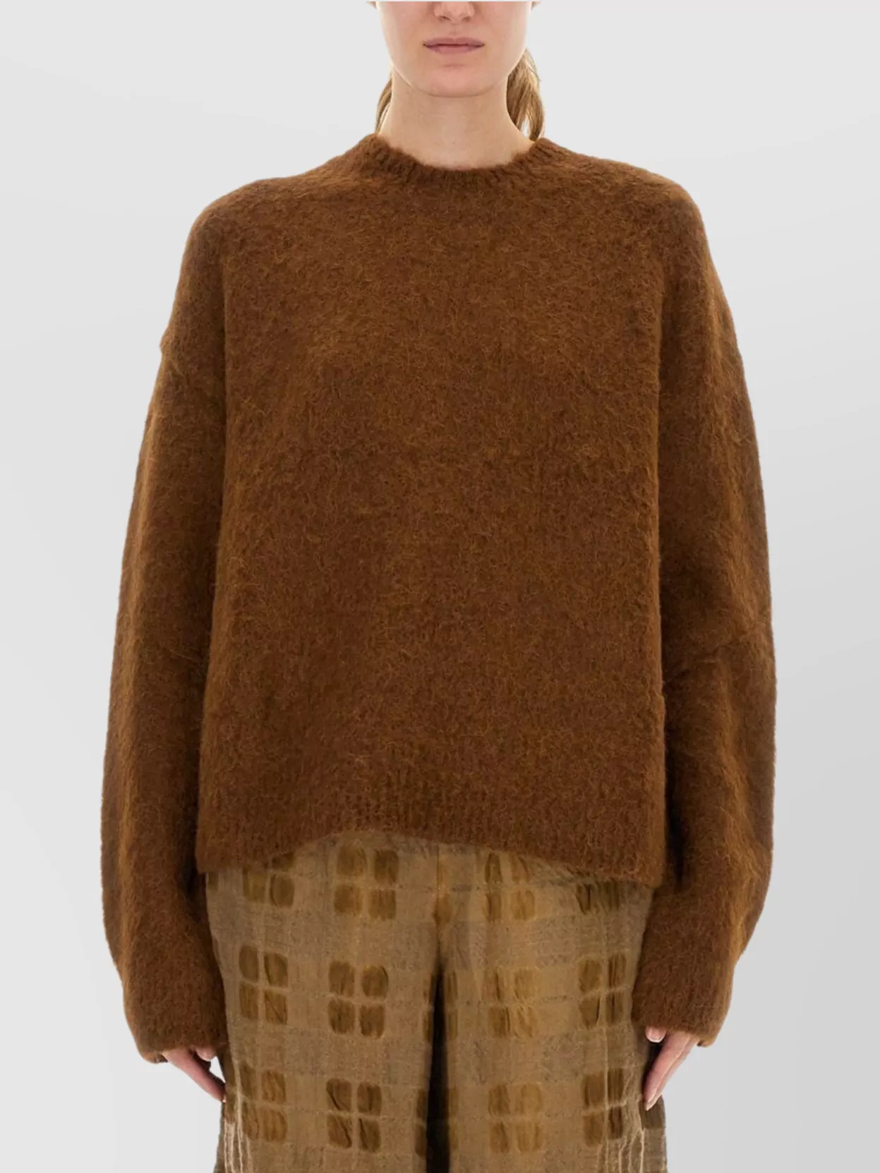 Uma Wang Fuzzy Texture Wool Blend Sweater With Crew Neckline In Brown