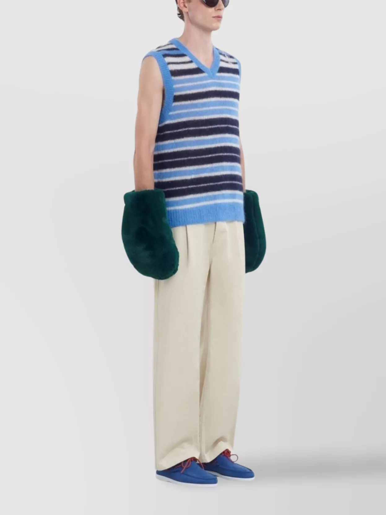 Marni Mens Striped-print V-neck Relaxed-fit Wool-blend Vest Blue Lilac