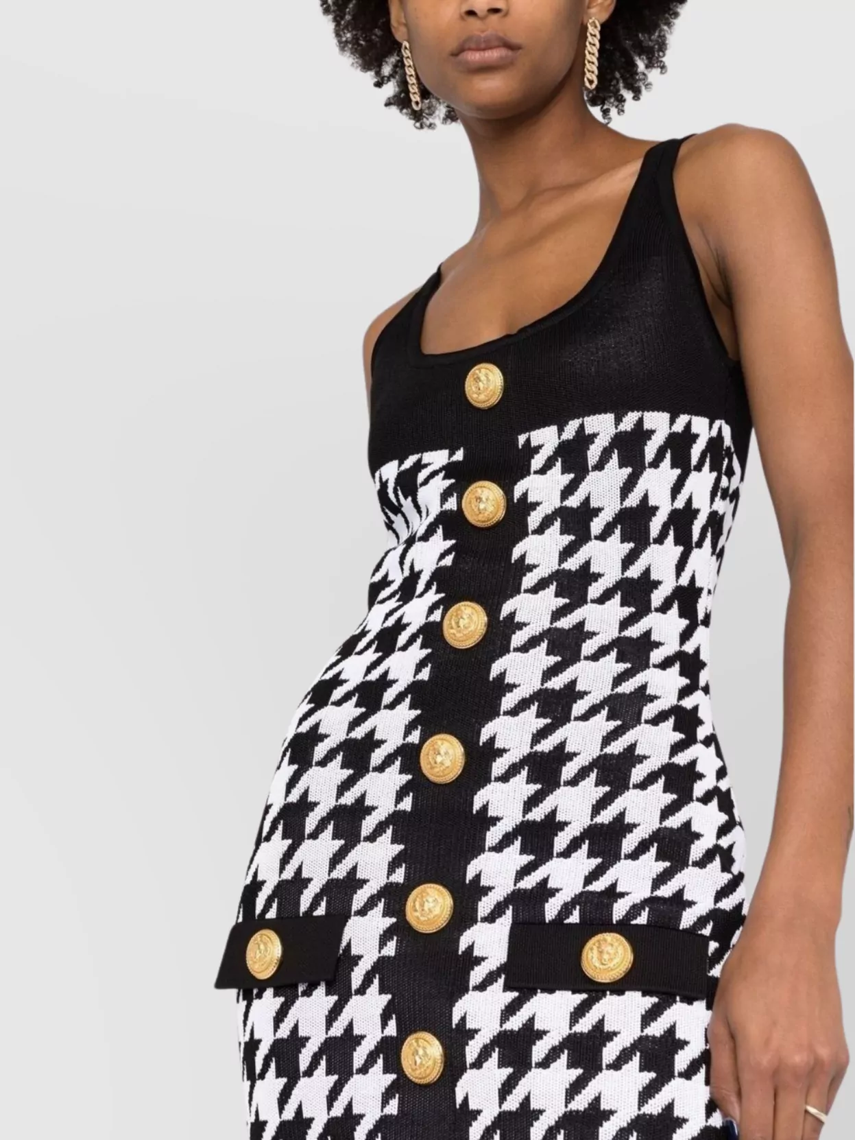 Balmain Sleeveless Knit Dress Houndstooth Print In Black