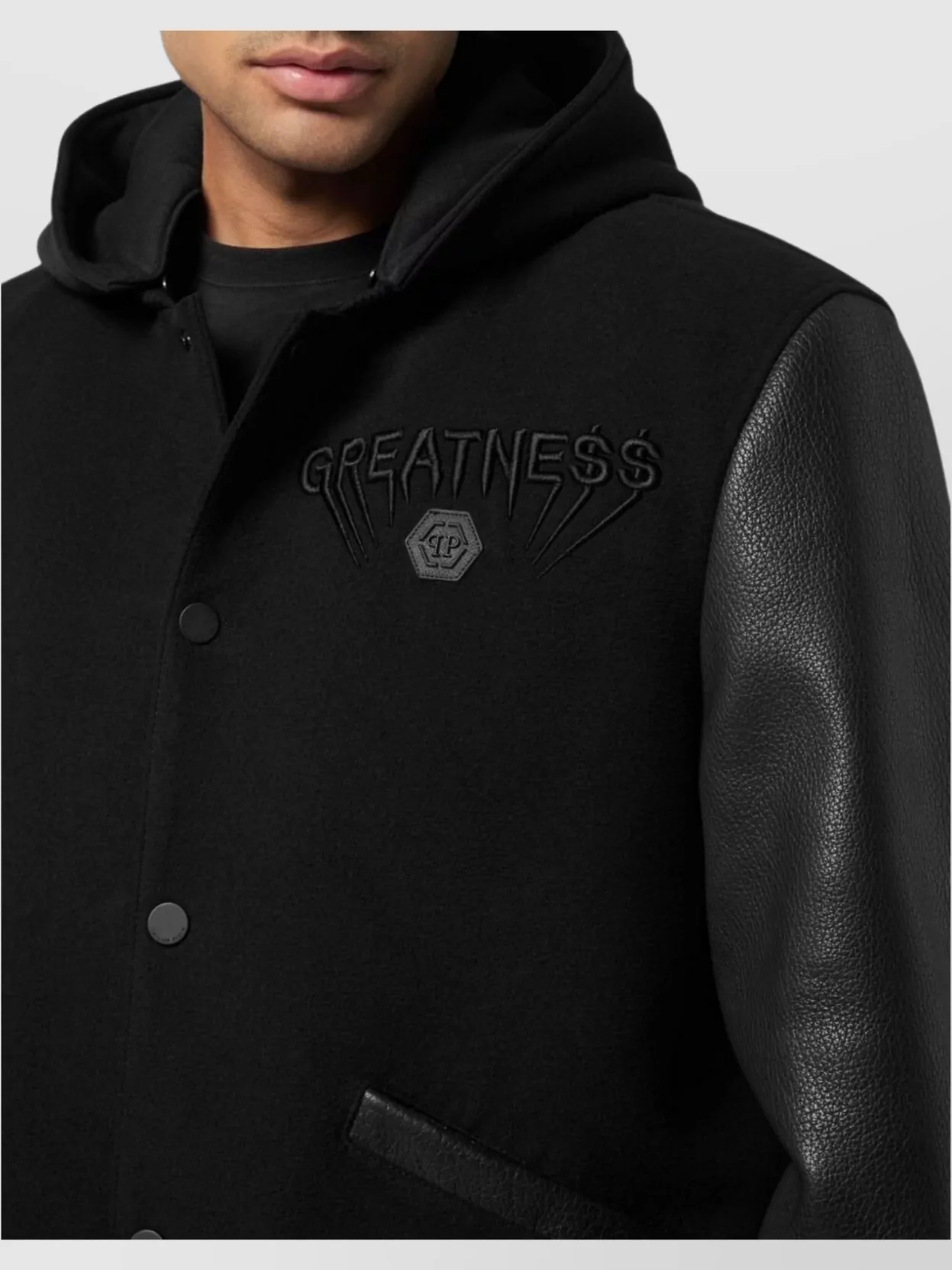 Philipp Plein Logo Bomber Jacket With Hood And Leather Sleeves