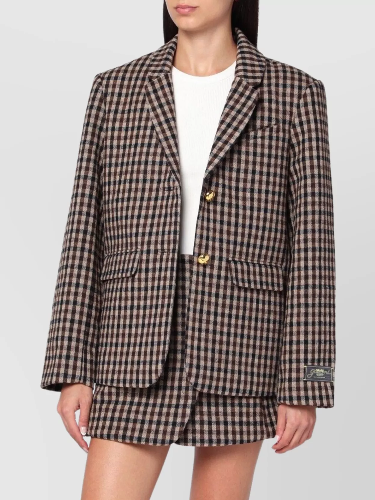 Ganni Checked Single-breasted Wool Blazer In Brown