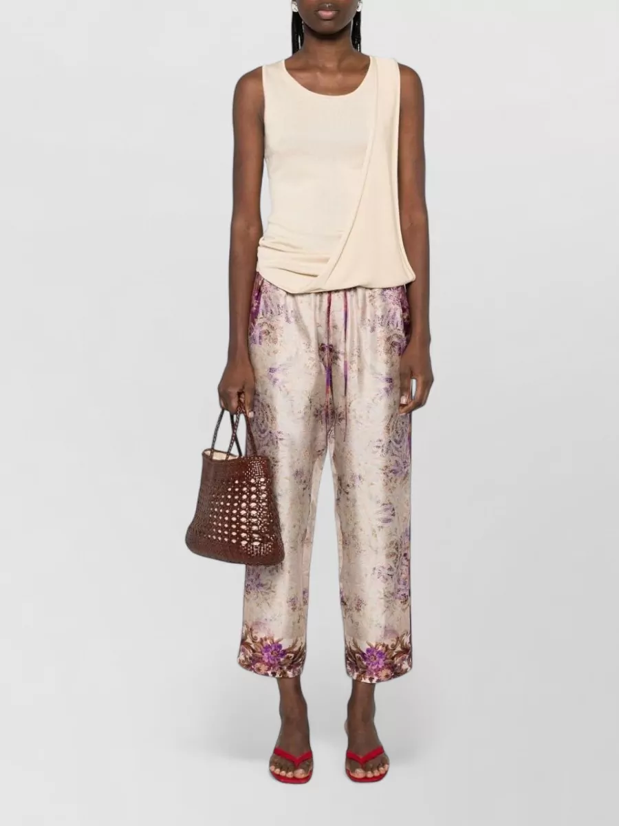 Pierre Louise Mascia Silk Trousers Cropped Floral Pattern Stripe