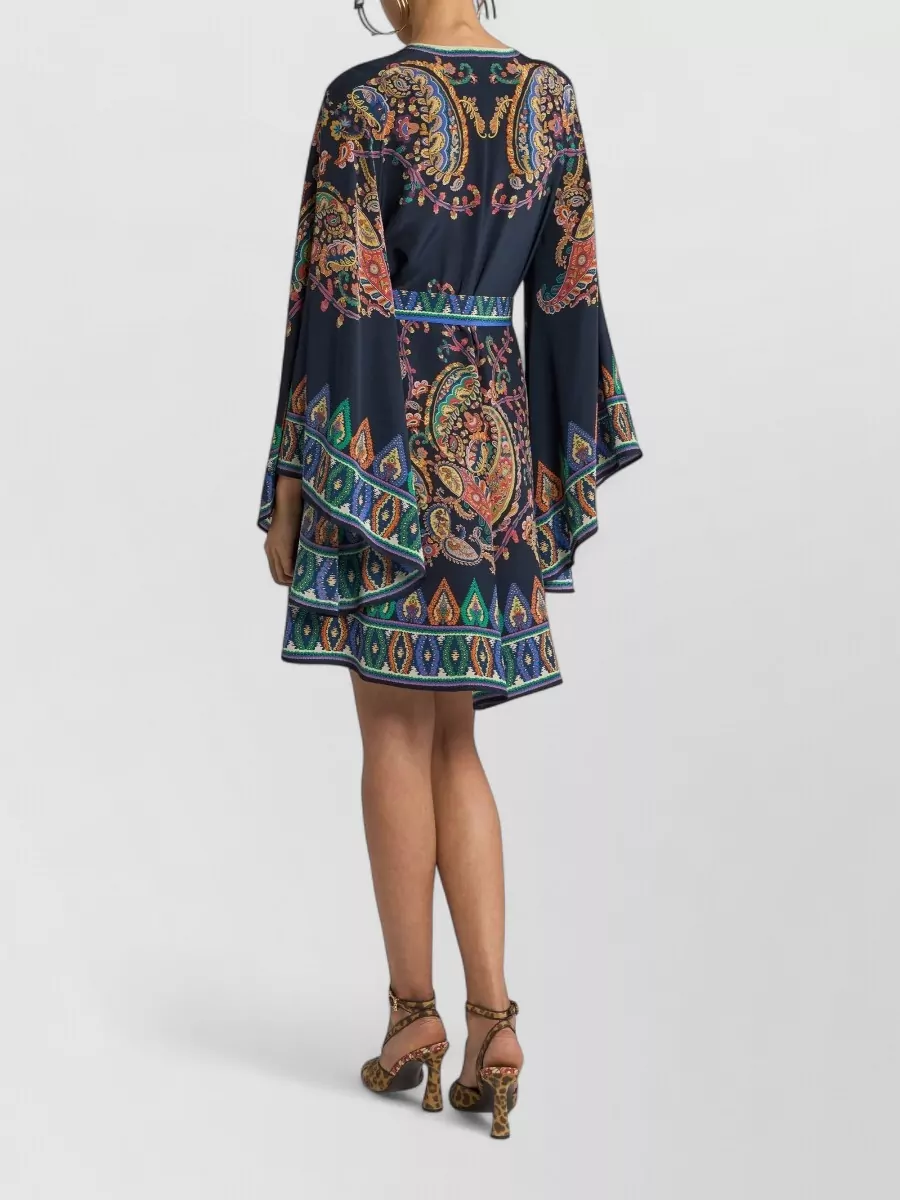 Etro Silk Paisley Print V-Neck Long-Sleeve Belted Mini Dress