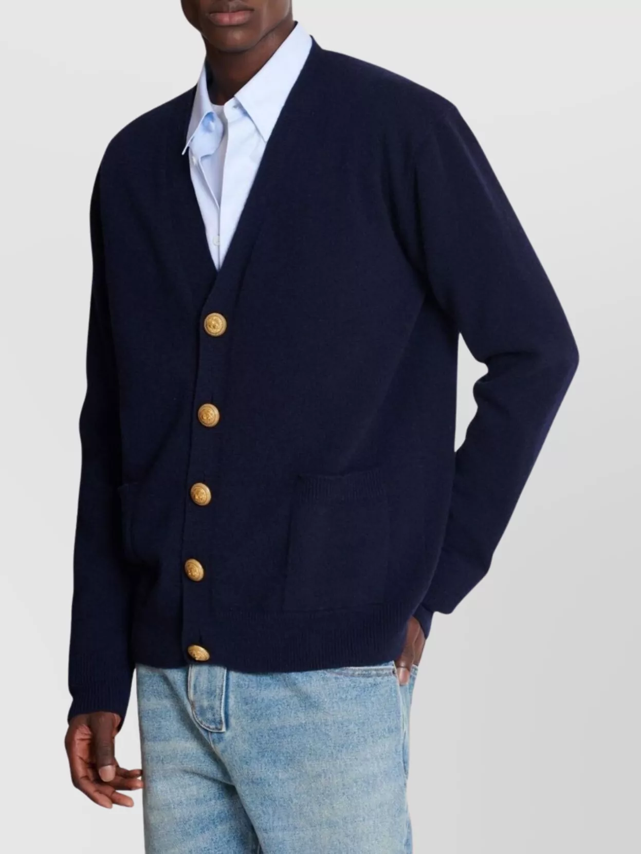 Balmain V-Neck Blazer With Ribbed Cuffs And Hem