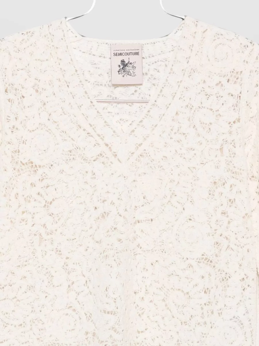 Semicouture Lace-Knit V-Neck Long-Sleeve Knitted Top