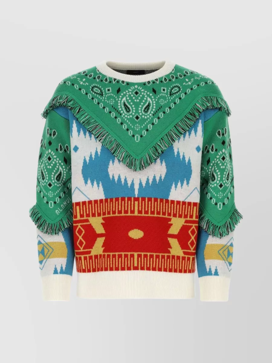 Shop Alanui Fringed Wool Crew-neck Sweater In Green