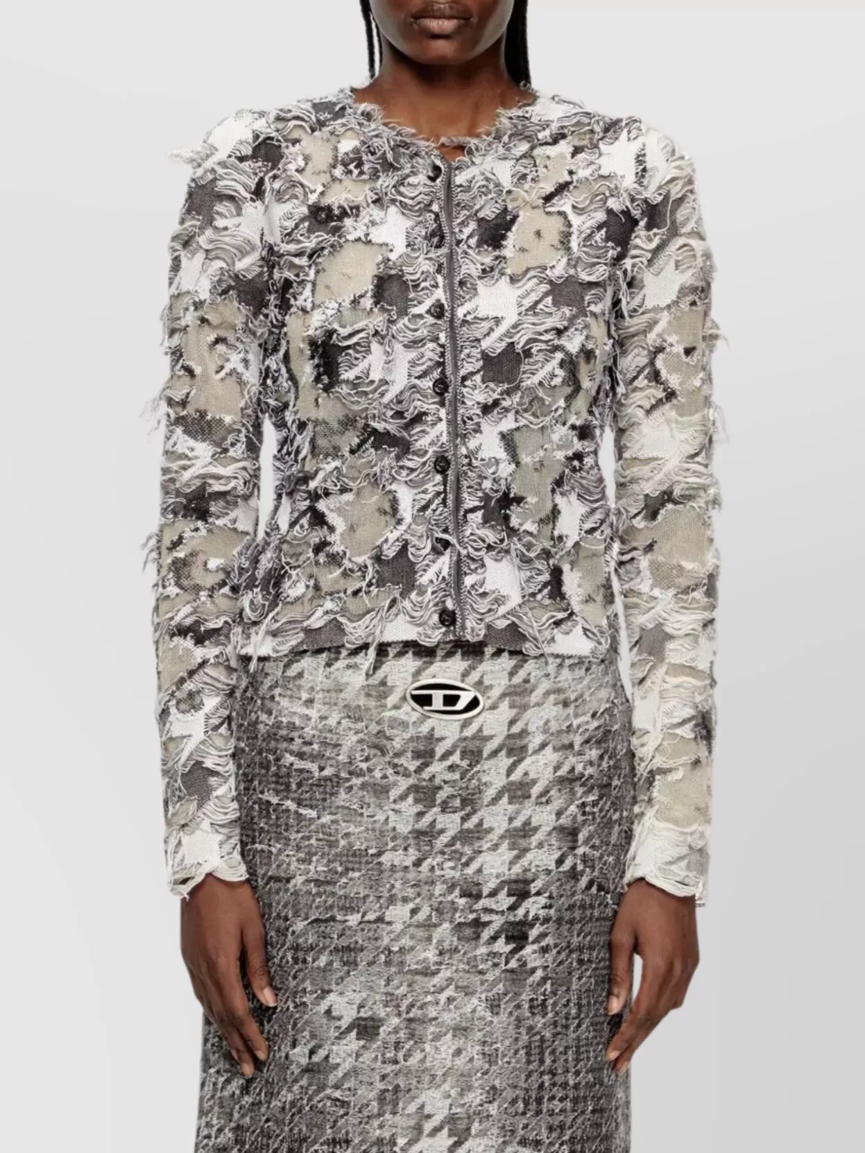 Diesel Houndstooth Jacquard Cardigan Devoré Effect