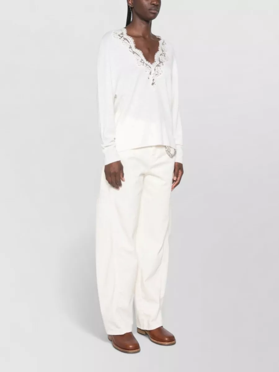 Ermanno Firenze Floral Lace Trim V-Neck Wool Jumper