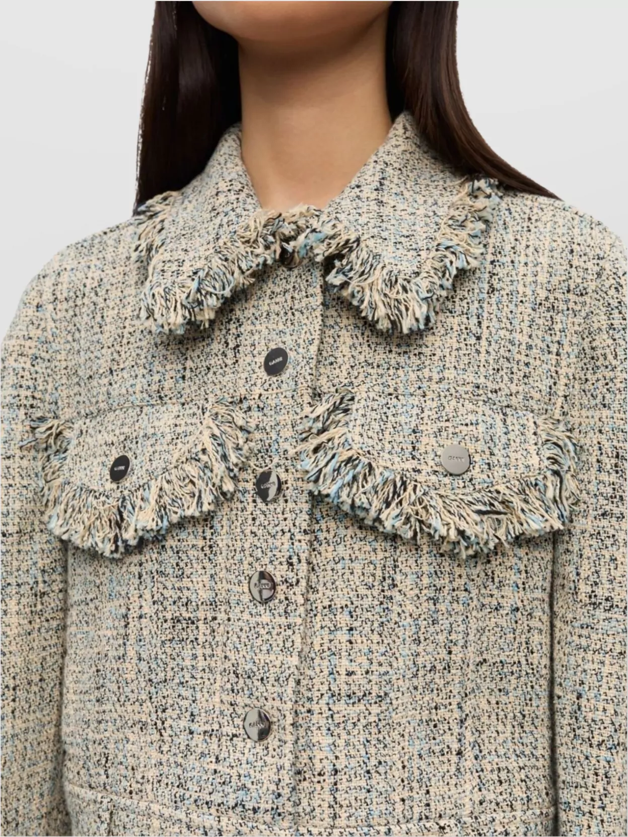Ganni Tweed Jacket Short Fringe Detailing