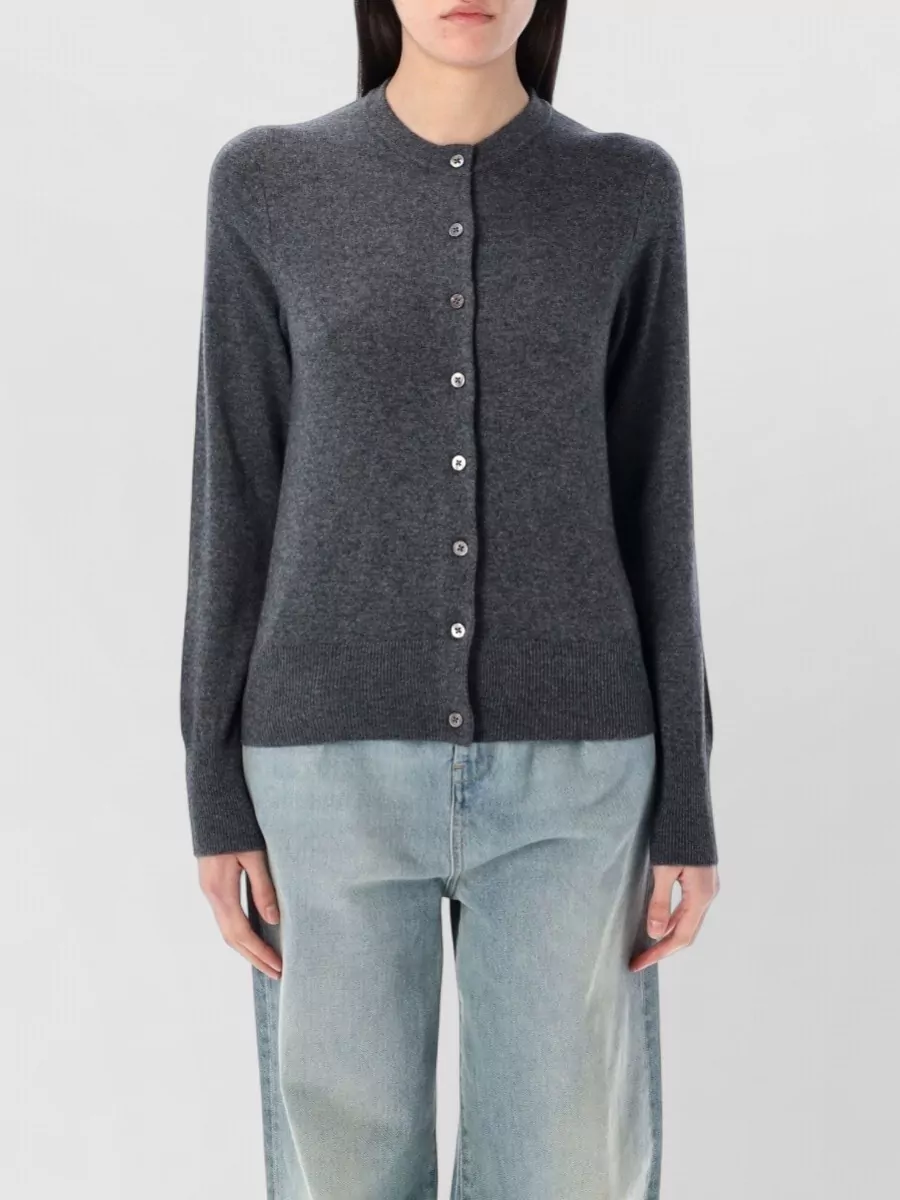 Rhea Costa Cashmere Wool Ribbed Slim-Fit Cropped Round-Neck Long-Sleeve Cardigan