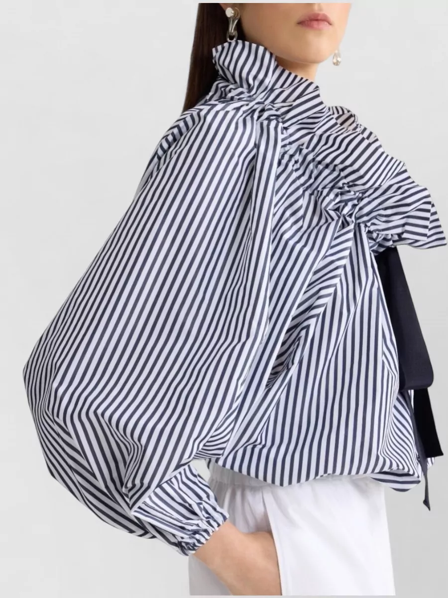 Patou Long Sleeve Striped Top Ruffled Collar Bow