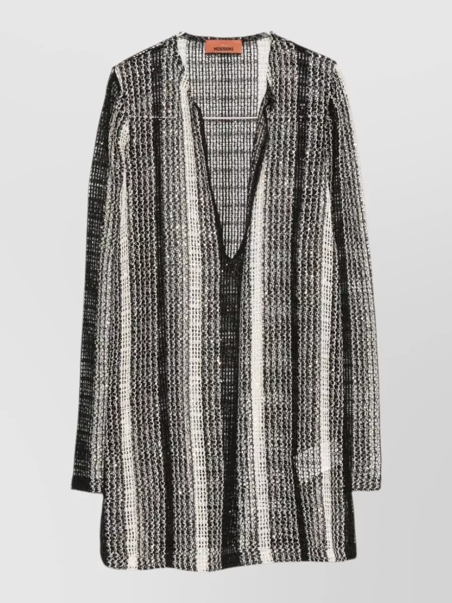 Missoni Open-Knit Sequin-Embellished Vertical-Stripe V-Neck Long-Sleeve Cardigan