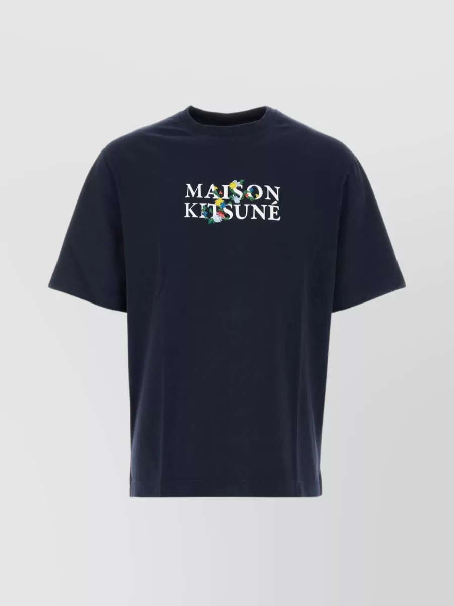 Shop Maison Kitsuné Oversize Cotton T-shirt With Floral Embroidery In Blue