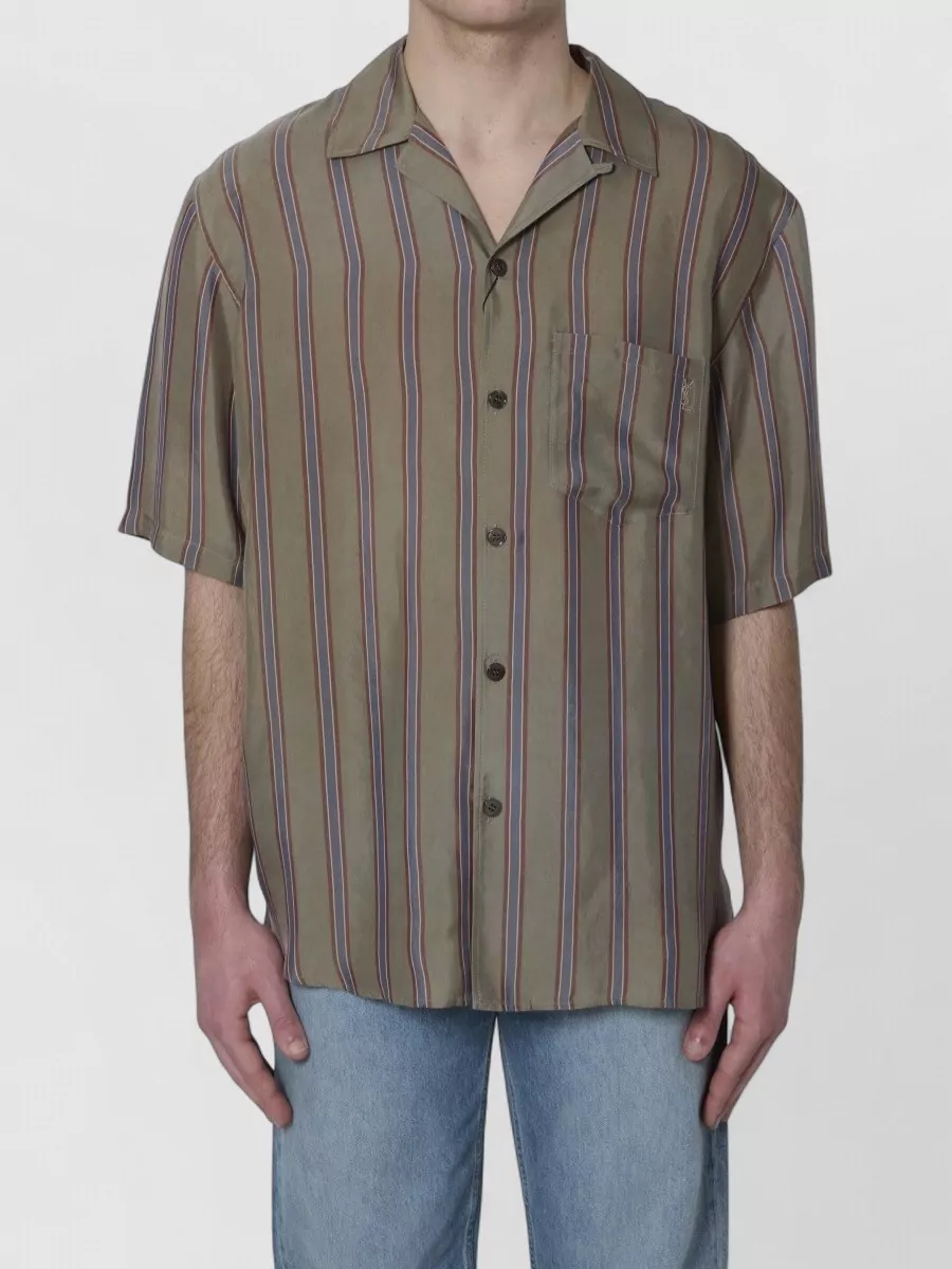 Saint Laurent Striped Cuban-Collar Short-Sleeve Shirt