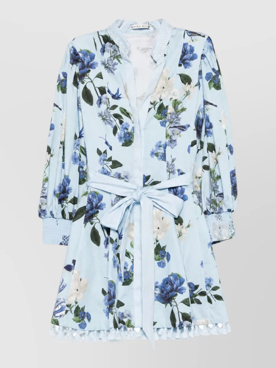 Alice + Olivia floral-print v-neck puff-sleeve tie-waist mini shirtdress