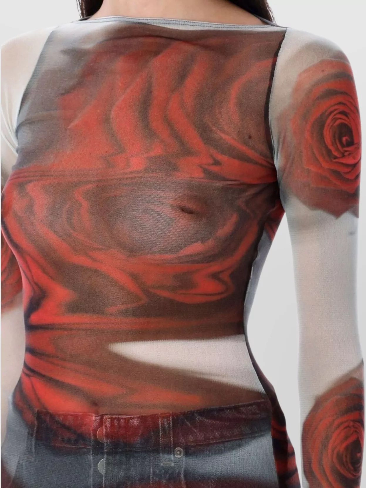 Jean Paul Gaultier Women Blurry Roses Medaillon Print Mesh Boat Neck Top In Brown