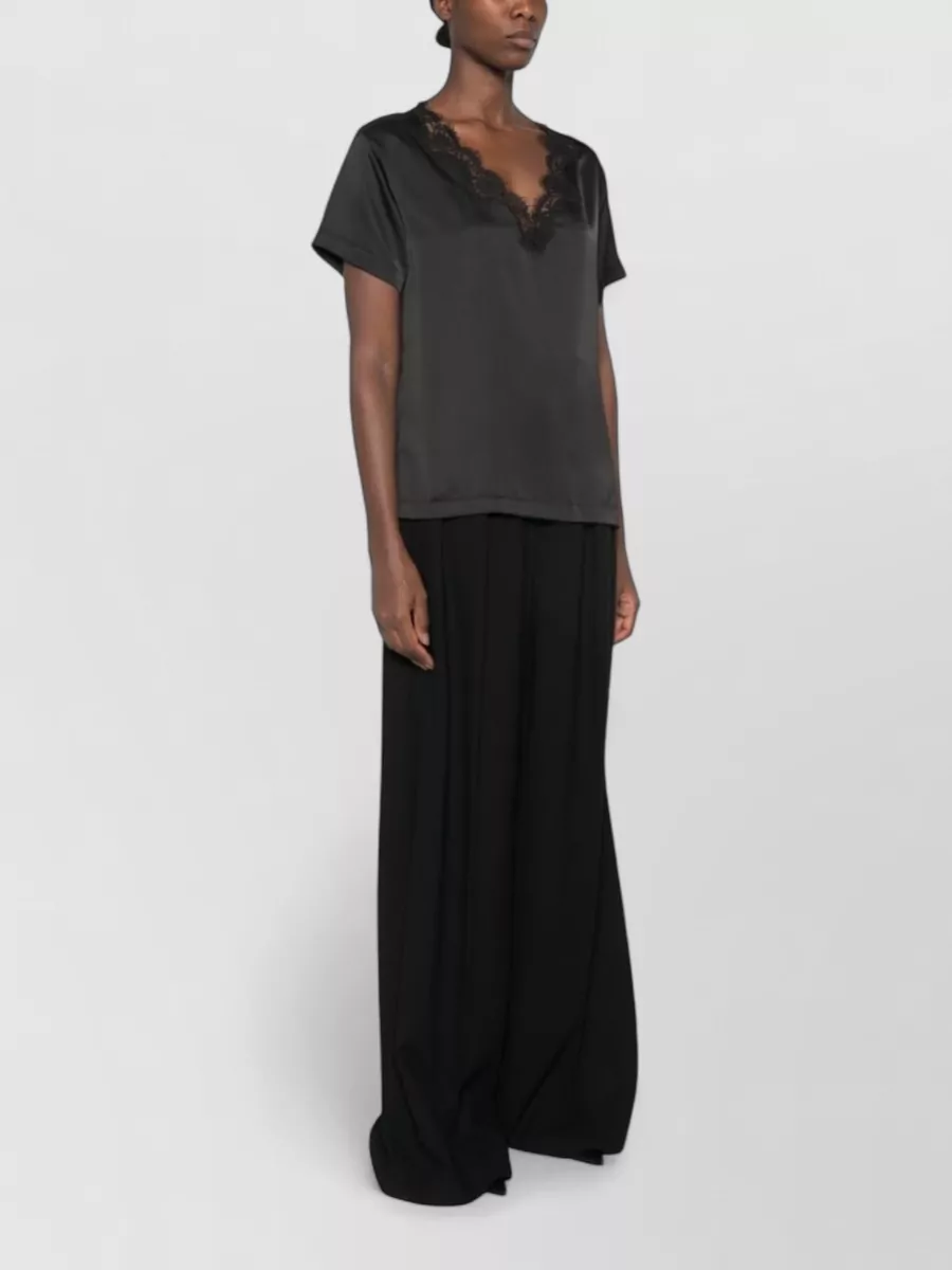 Ermanno Firenze Satin Lace-Trim V-Neck Short-Sleeve Top