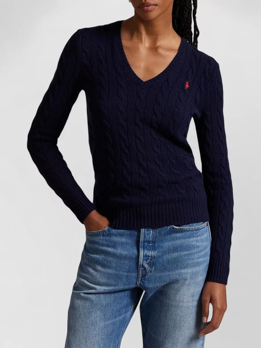 Polo Ralph Lauren Wool Cashmere Cable-Knit V-Neck Long-Sleeve Sweater