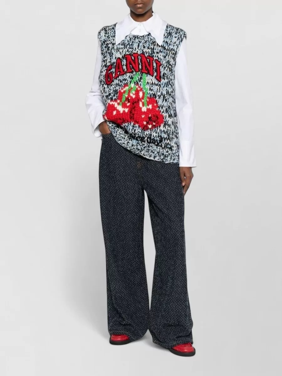 Ganni High Waist Denim Trousers Wide Leg In Gray