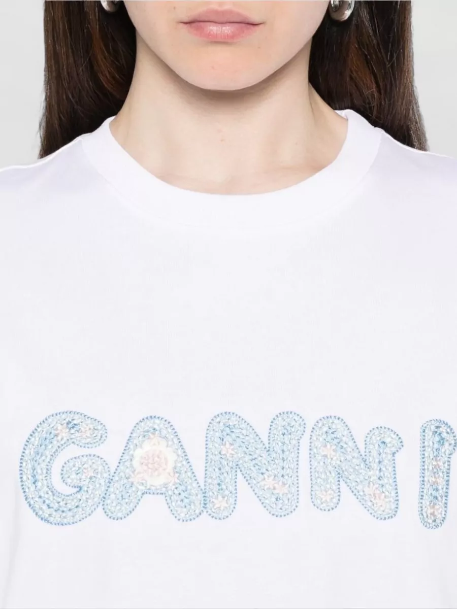 Ganni Relaxed-Fit Embroidered Logo Cotton T-Shirt
