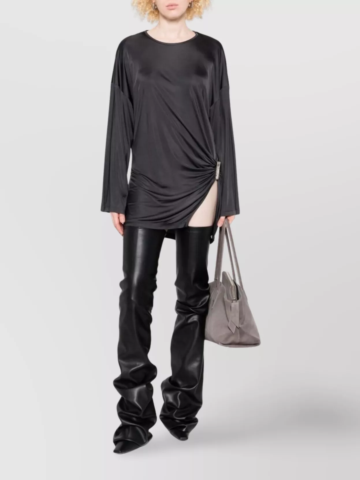 Attico Asymmetrical Dress With Draped Bell Sleeves In Gray