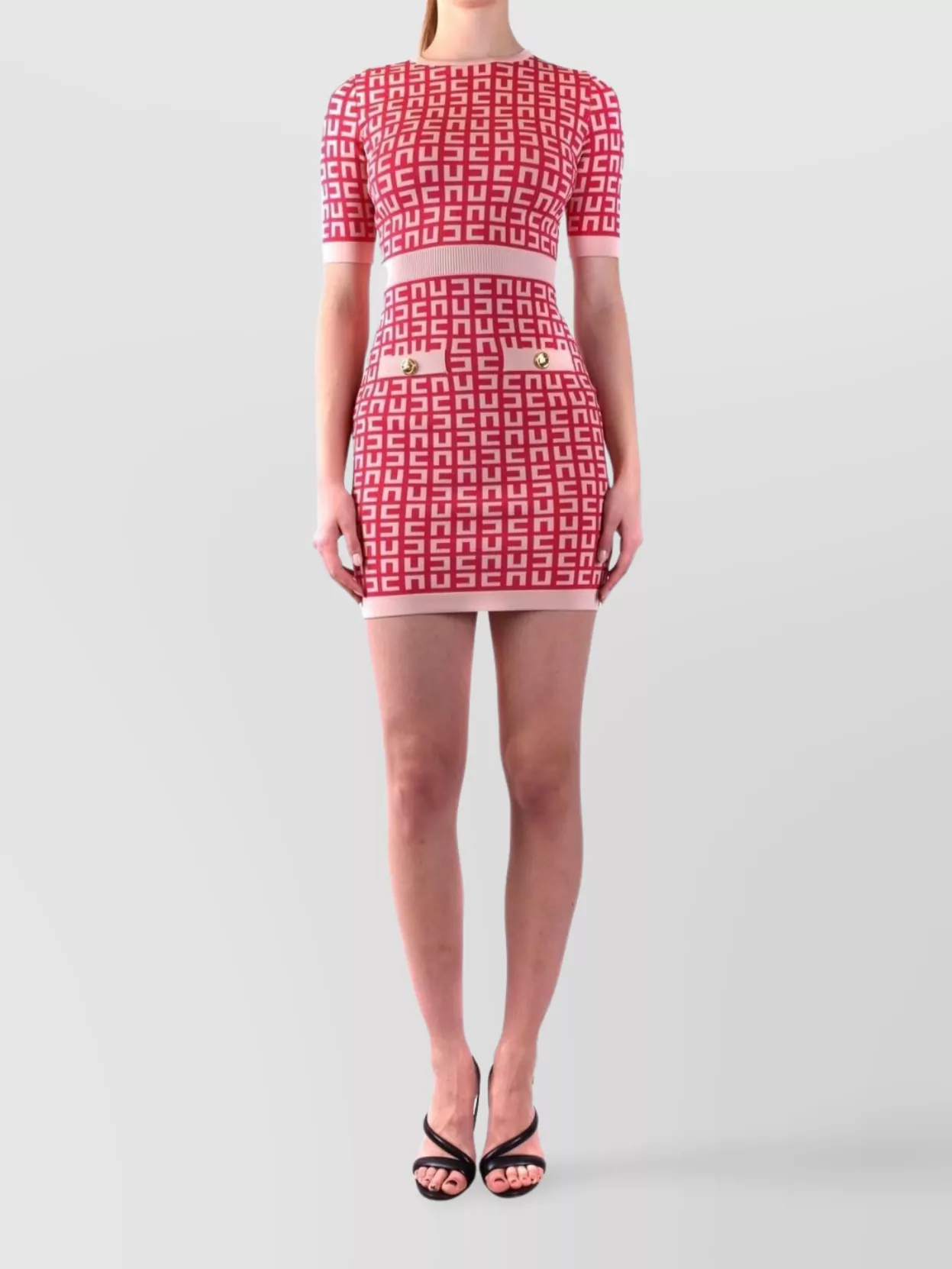 Elisabetta Franchi Crew Neck Fitted Silhouette Geometric Pattern Dress In Red