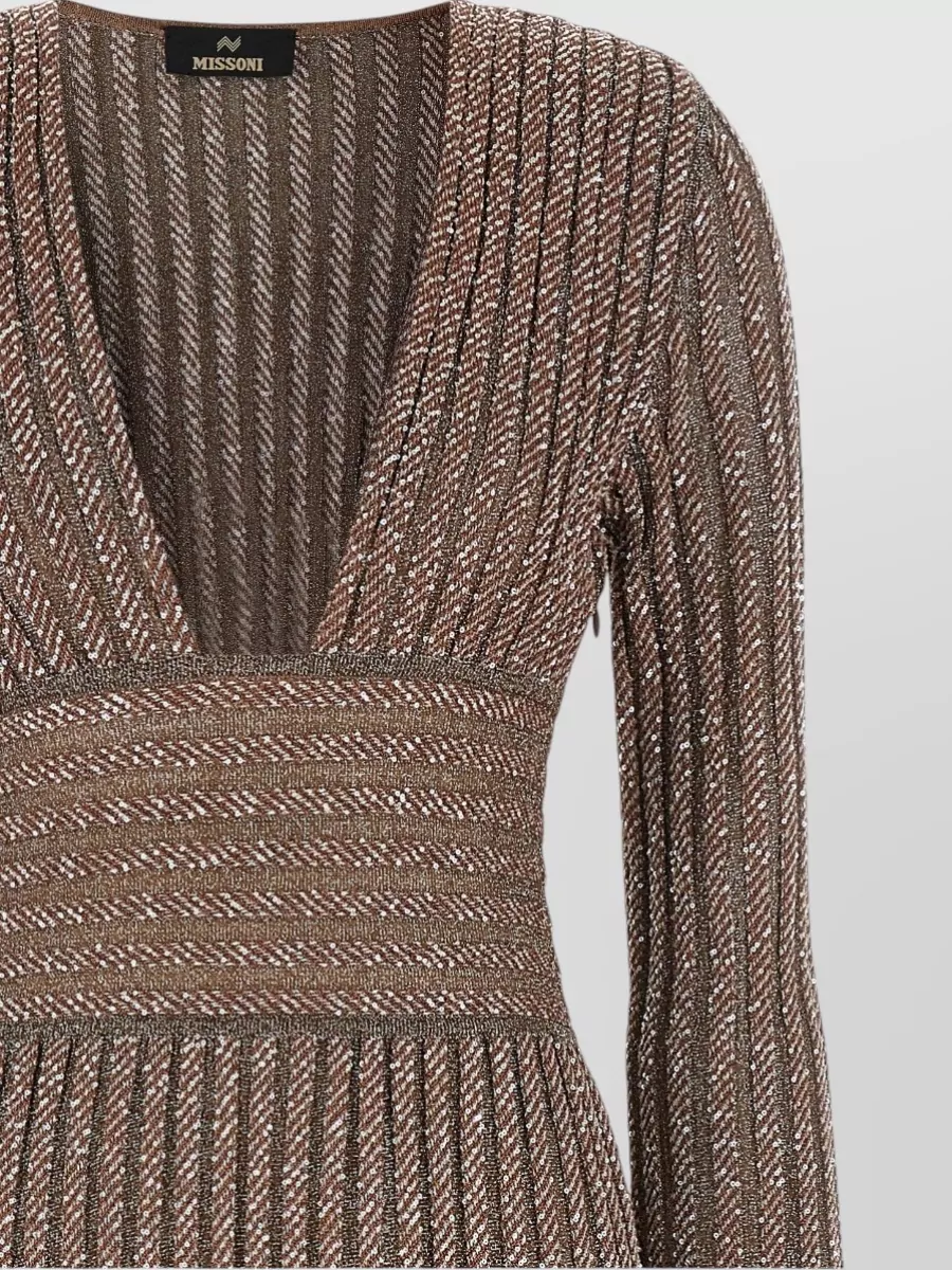 Missoni Metallic Fine-Knit Pleated V-Neck Long-Sleeve Maxi Dress
