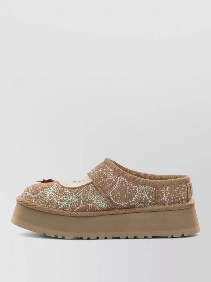 Ugg Suede Floral-Embroidered Platform Mary Jane Slippers