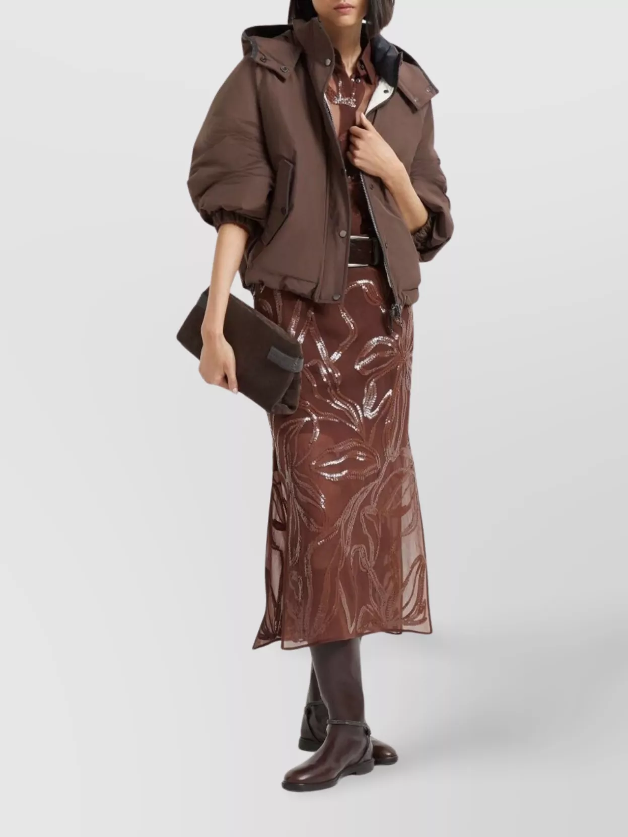 Brunello Cucinelli Floral Sequin Embellished Silk Collared Top In Brown