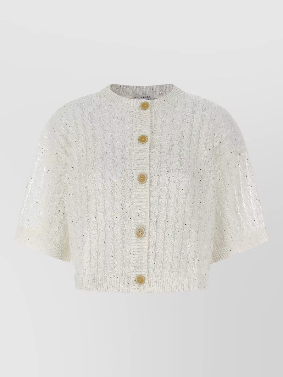 Brunello Cucinelli Sequin Cable Knit Short Sleeve Cardigan