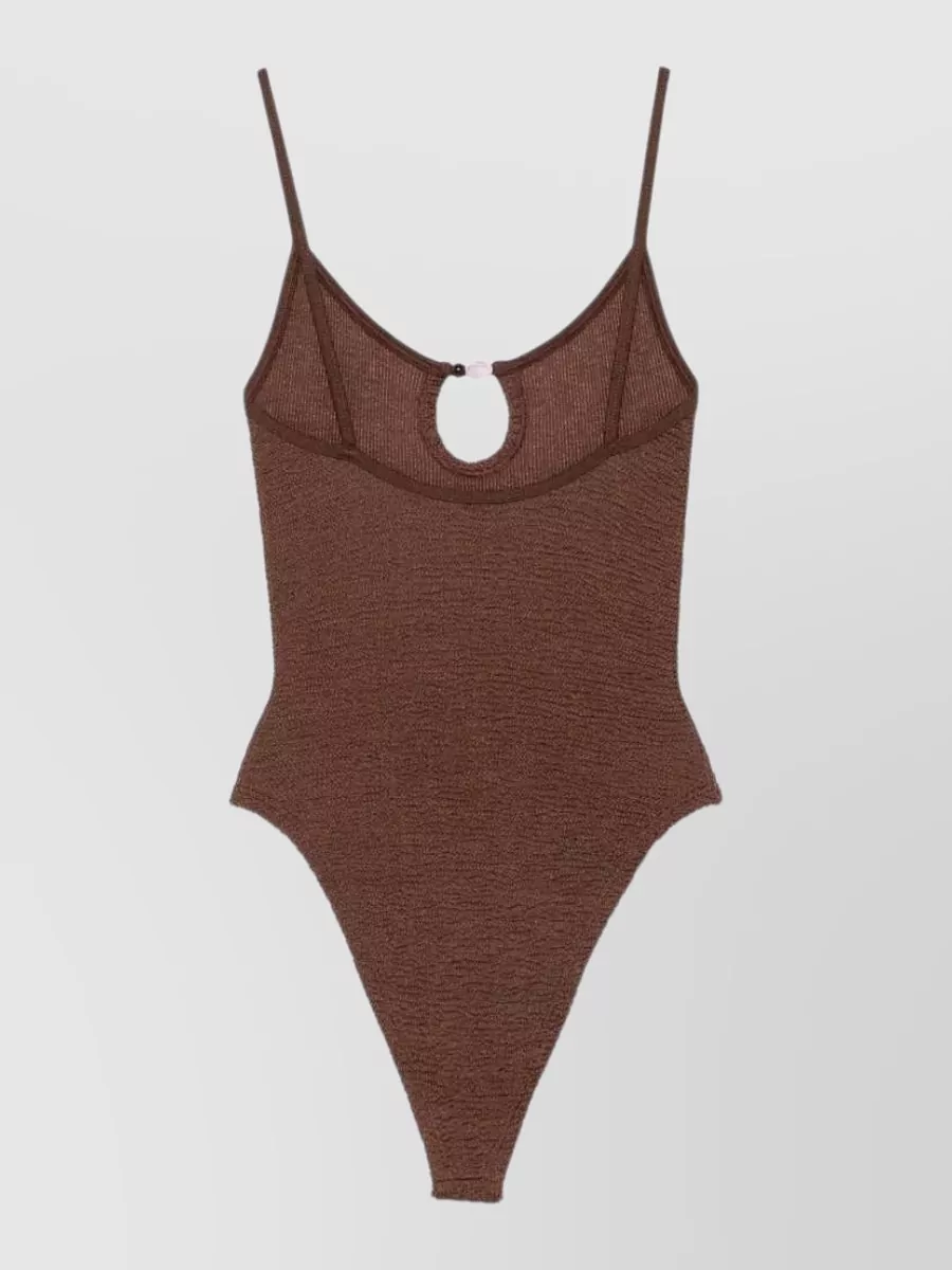 Hunza G Crinkled Metallic Beaded Cutout V-Neck Swimsuit