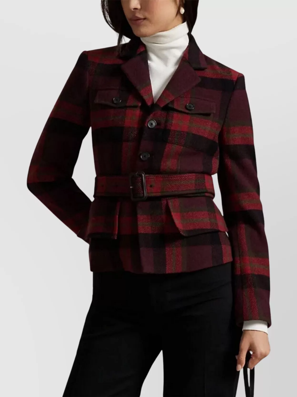 Ralph Lauren Plaid Coat Featuring Belted Waist And Pockets In Red