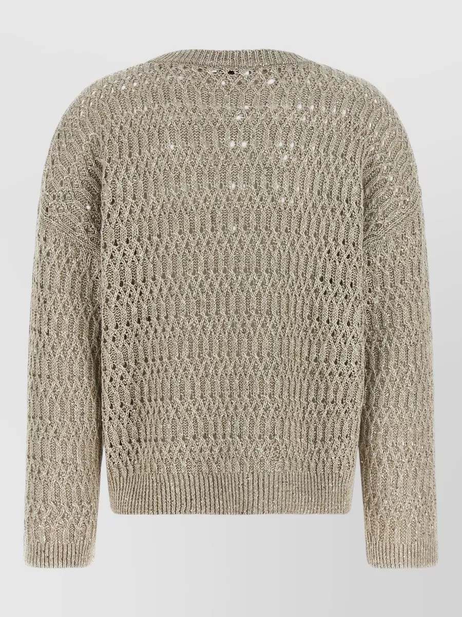 Brunello Cucinelli Openwork Linen-Blend Crew-Neck Long-Sleeve Sweater