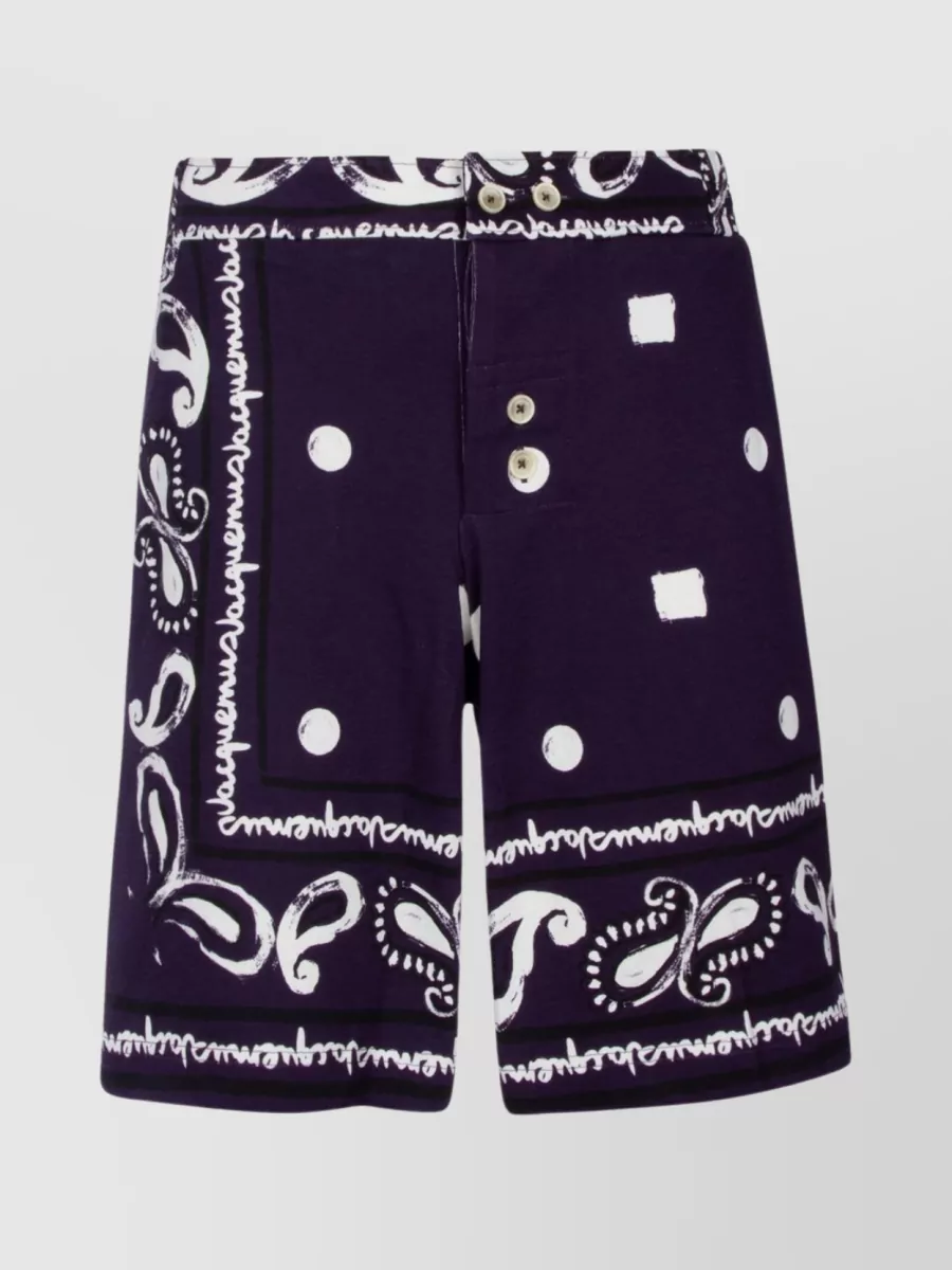Shop Jacquemus Flex Waist Printed Button Shorts In Purple
