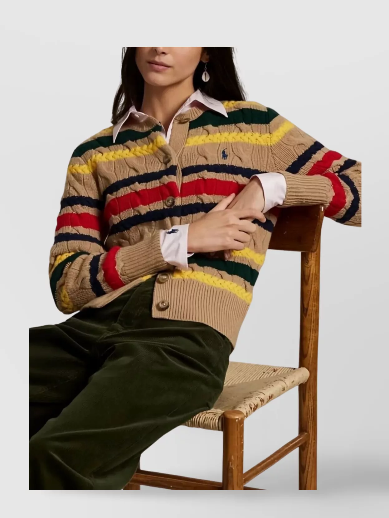 Polo Ralph Lauren Striped Cable Knit Cardigan With Ribbed Cuffs And Hem