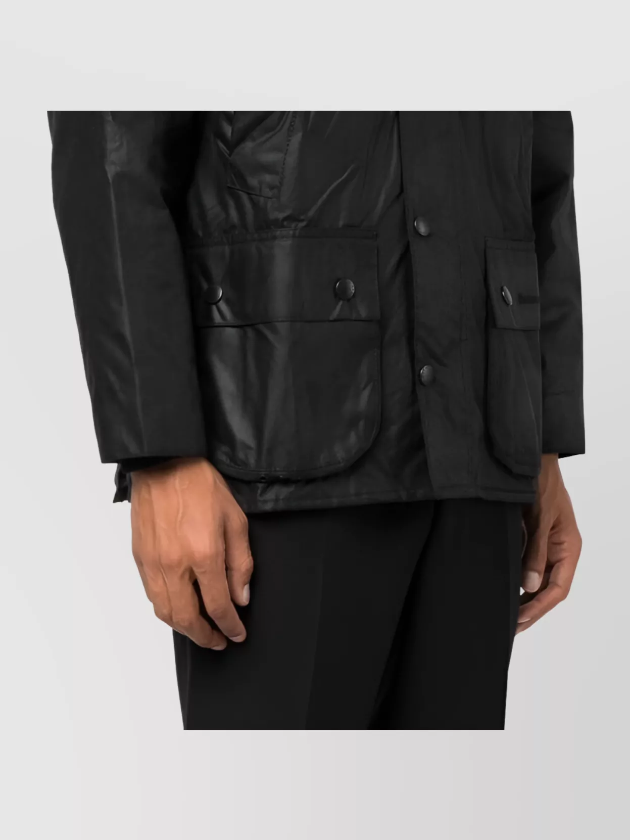 Barbour Waxed Jacket With Corduroy Collar And Pockets In Black