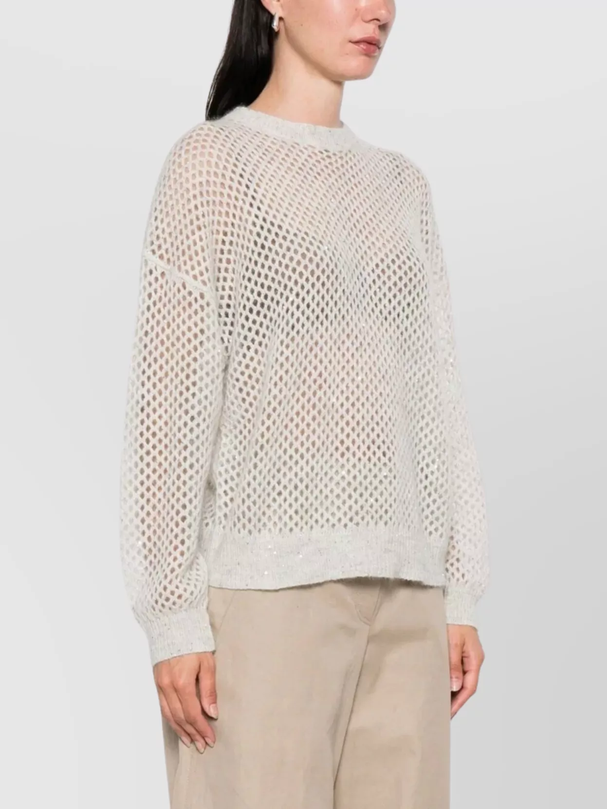 Brunello Cucinelli Wool Sweater Mesh Design Subtle Shimmer In White