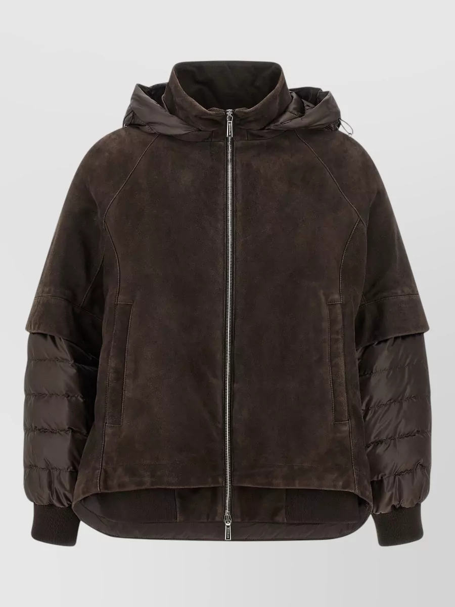 Moorer Suede Quilted Hooded Asymmetric 2-In-1 Jacket