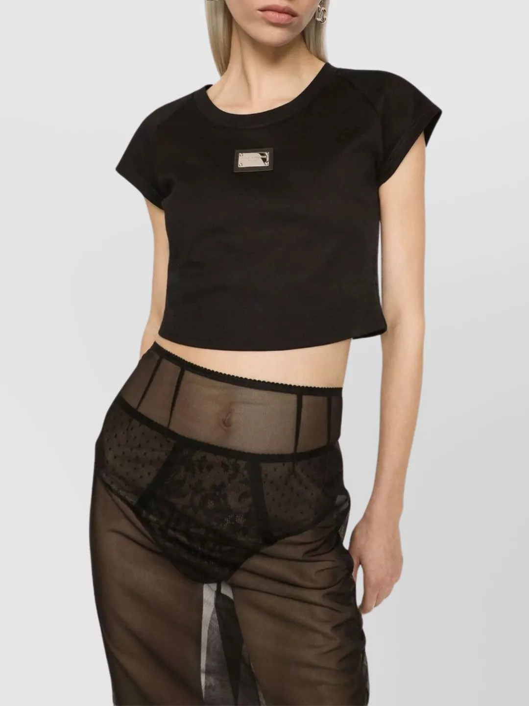 Dolce&Gabbana Sheer Lace Cropped Logo T-Shirt