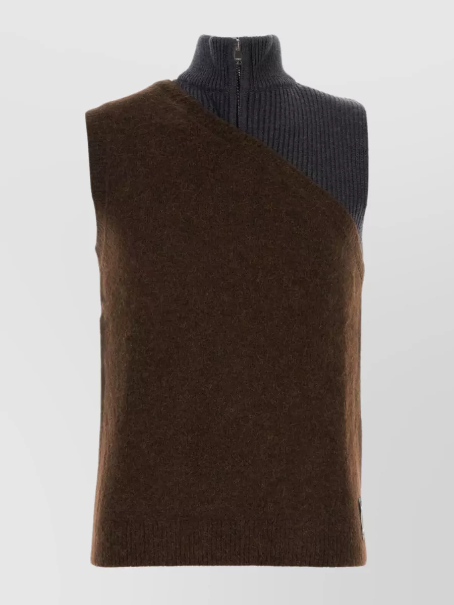 Shop Fendi Textured Sleeveless Turtleneck Sweater In Brown