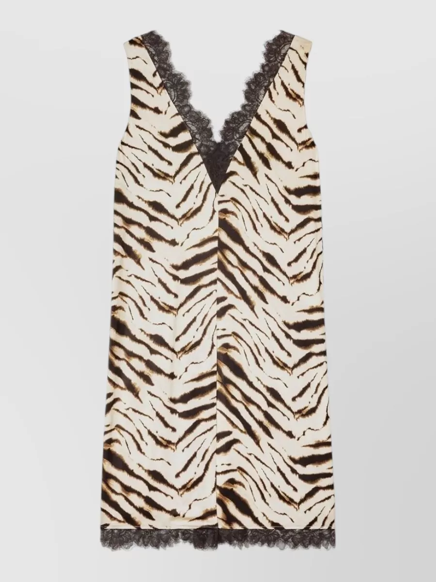 Ganni zebra-print lace-trim v-neck sleeveless midi dress