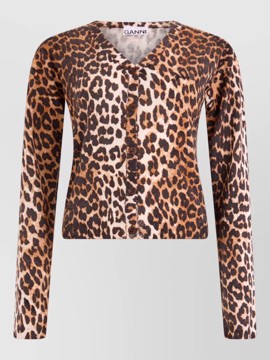Ganni wool fitted leopard-print long-sleeve cardigan