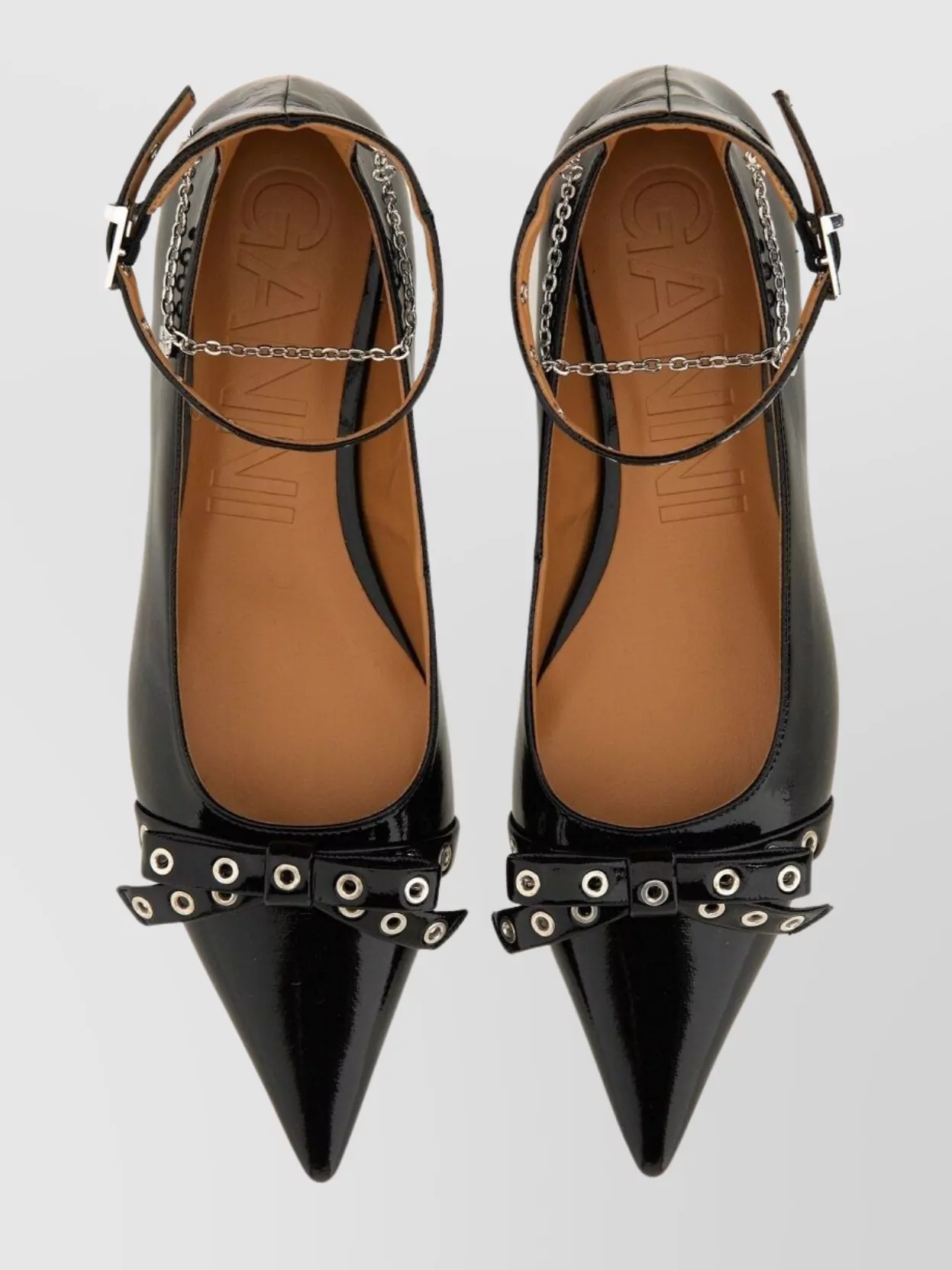 Ganni Chain Eyelet Patent Pointed Toe Ballerina