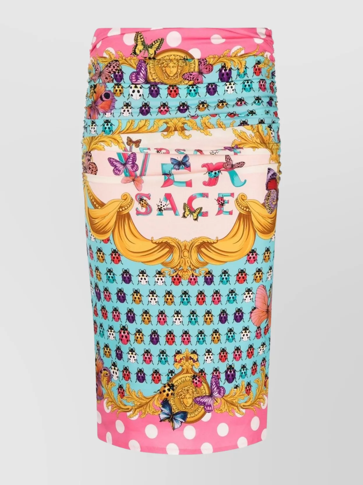 Shop Versace Dua Lipa Butterflies Graphic Print Below-knee Pencil Skirt In Blue