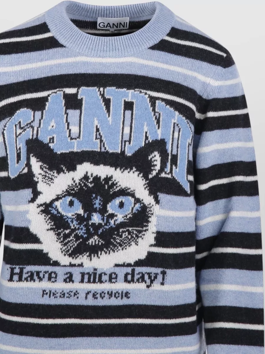 Ganni Wool Sweater Crew Neck Graphic Stripes